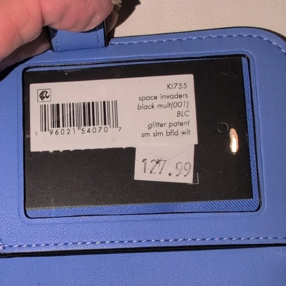 Kate Spade Black Glitter Space Invaders Wallet with Purple Zipper Pull